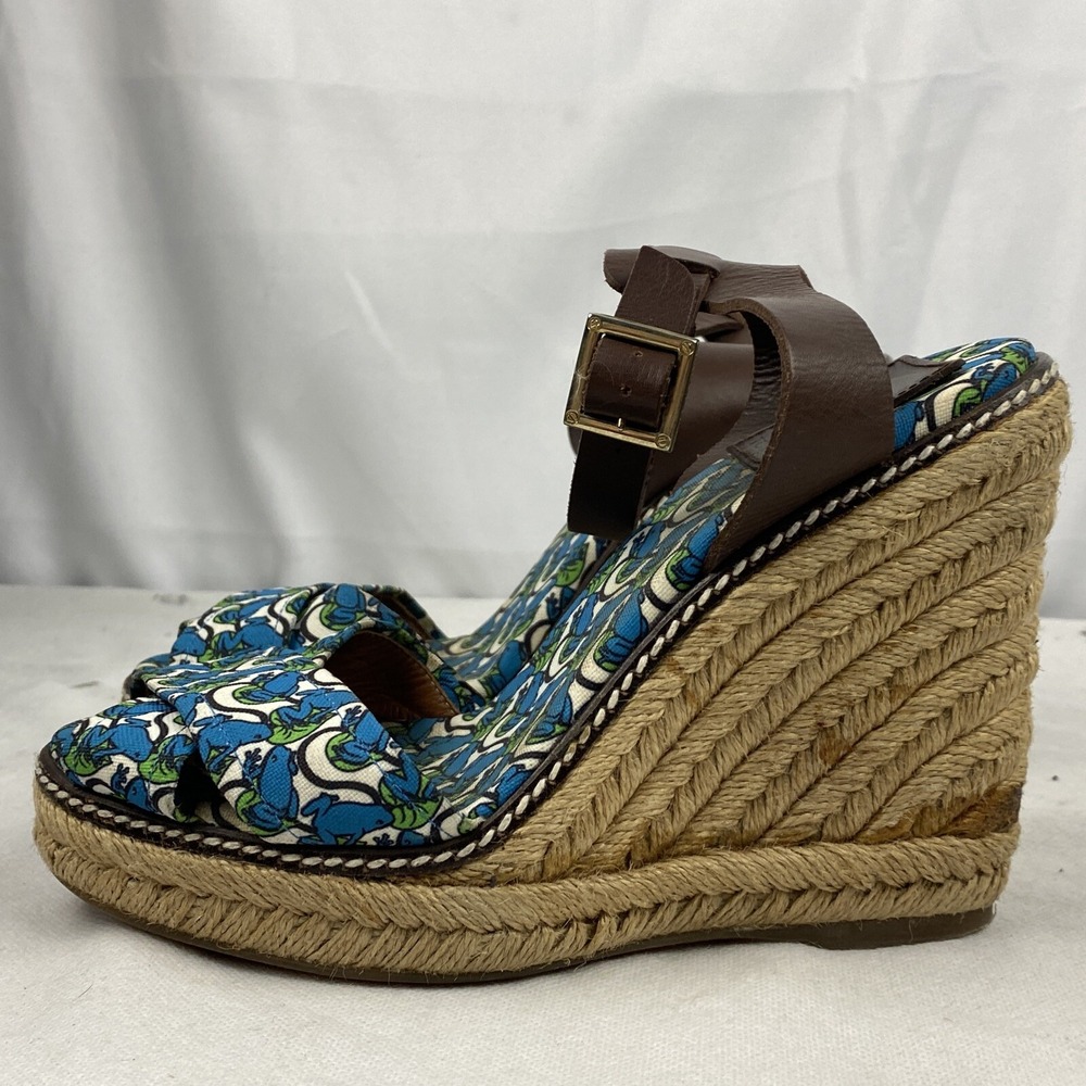 Tory Burch Frog Lilly Pad Graphic Print Espadrille Rope Wedges Size 6 - Picture 8 of 11